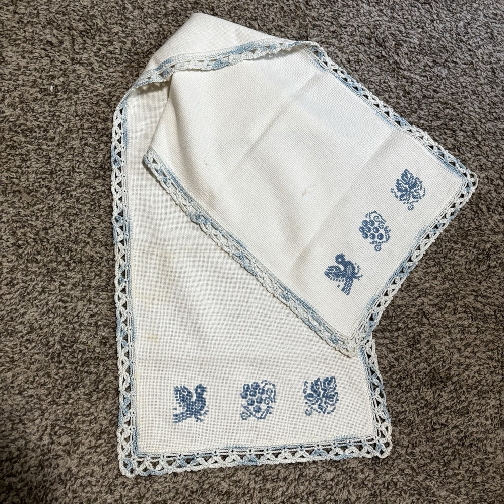 Vtg Hand Embroidered Cross-Stitch Oblong Linen Table Dresser Runner 40" Long
